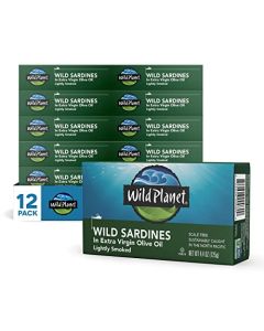Wild Planet Wild Sardines in Extra Virgin Olive Oil Lightly Smoked Tinned Fish Sustainably WildCaught NonGMO Kosher Gluten Free 44 Ounce Pack of 12