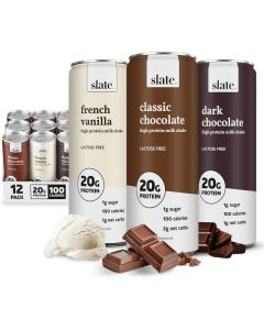 Slate Milk High Protein Milk Shake Core Variety Pack - Classic Chocolate, Dark Chocolate, French Vanilla - Lactose Free, 20g Protein, 1g Sugar, 100 Calories, 12 Cans