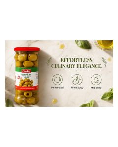 Freshia Pitted Green Olives 335g / Pit Removed Green Olives in Brine / Ready-to-Eat for Salads, Cooking & Snacking / Mediterranean Diet Friendly / Vegan, Gluten-Free