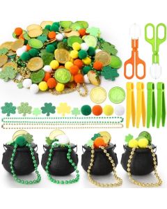 Foilswirl 436 Pcs St Patrick Sensory Bin Filler Fine Motor Toys Include 4 Tweezers 2 Scissors Clips 200 Pom Poms 4 Cauldron Pot 60 Plastic Coins 6 Necklace 160 Shamrock Stickers for Sorting Counting