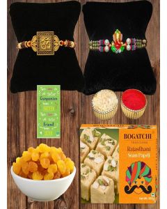 BOGATCHI Complete Rakhi Gift Hamper Sweets and Dry Fruits, Best Gift for Brother, Traditional Soan Papdi(200g) & Natural Raisins (50g) + Free Rakhi Greeting Card + Free Rakhi + Roli Chawal