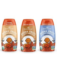 SweetLeaf Organic Monk Fruit Sweetener - Sugar Free Liquid Sweetener with Caramel Macchiato, English Toffee, and French Vanilla Flavors (Pack of 3, 1.7 Fl Oz Each)