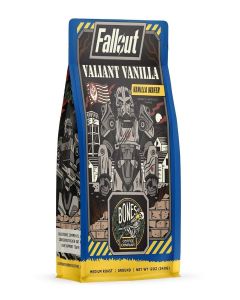 Bones Coffee Company Fallout Valiant Vanilla, Vanilla Wafer Flavored Coffee, Medium Roast Low Acid Arabica Beans Compatible with Auto drip and French Press Coffee Maker, 12 Oz Ground