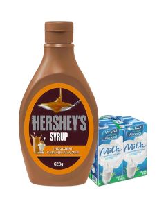 Caramel Syrup 623grams & Long Life Milk Full Fat Plain 1Liters Pack of 4 Bundle