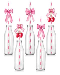 FYSUIMU 50Pcs Pink Bow Cherry Paper Straws She's the Cherry on Top Paper Straws Fruit Theme Striped Drinking Straws for Wedding Birthday Baby Bridal Shower Bachelorette Party Supplies