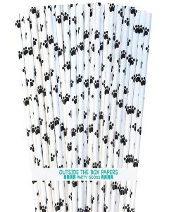 Dog Theme Paw Print Paper Drinking Straws - Black White - 7.75 Inches - 100 Pack - Outside the Box Papers Brand