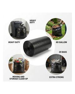 60 Gallon Heavy Duty Garbage Bags, 20 Bags Extra Large Black Trash Bags, Heavy Duty, Tear & Leak Resistant Waste Bags for Home, Office, Garden, Garage & Cleanup
