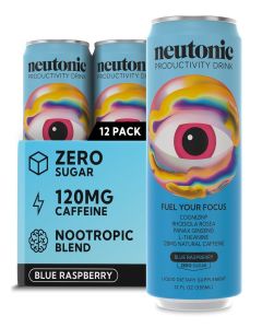 Neutonic Nootropic Productivity Energy Drink / Blue Raspberry 12 Cans / 120mg Natural Caffeine, Zero Sugar / Support Memory, Mental Clarity, Cognitive Function / Boost Focus, Energy, Brain Health