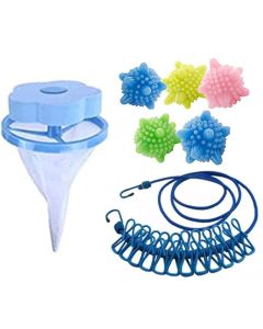 ExcitingDealz Washing Machine Net Filter Hair Dirt Fur Catcher 5Pcs Solid Reusable Washing Laundry Dryer Ball Elastic AntiSkid Washing Line Clothesline with 12 Clips Rope