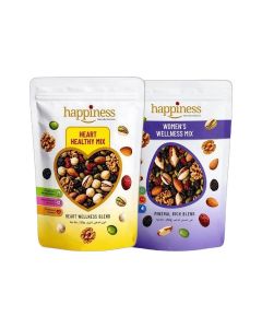 Happiness Heart Healthy Premium Nuts Trail Mix 150g & Happiness Women's Wellness Premium Nuts Mix 150g / Omega 3 / Mixed Nuts, Seeds & Dried Fruits / Fiber & Antioxidants, Almonds, Walnuts, Brazil Nuts, Pumpkin Seeds, Raisins & Cranberries I Immune Suppor
