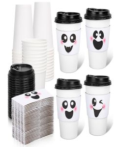 Whaline 48 Sets Halloween Ghost Coffee Paper Cups Cute White Ghost Boo 16oz Disposable Cups with Lids and Sleeves for Hot Cold Drinks Birthday Holiday Party Supplies, 4 Designs