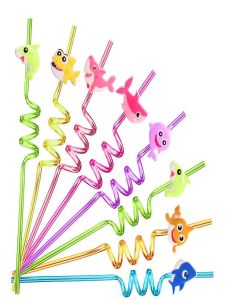24 Shark Party Favors Reusable Plastic Straws for Boys Girls Kids Baby Swimming Ocean Shark Themed Birthday Party Supplies Decorations with 2 Cleaning Brushes
