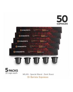 Di Barista Milan Coffee Capsules - Pack of 5 Sleeves – Bold Dark Roast Arabica Robusta Espresso Pods / Nespresso Compatible / Nutty Dark Chocolate Notes - Pack of 5 Sleeves