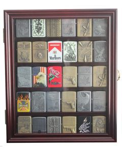 30 Lighters Display Case Wall Cabinet Compatible with Zippo Lighters Military Sport Collectible Match Book Mahogany Finish