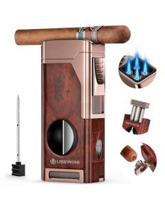 USEWIRE Cigar Lighter Multifunctional Lighter with VCigar Cutter Cigar Holder Cigar Punch and Cigar Draw Enhancer Fillable Butane Torch Lighter MultiPurpose Cigar Accessory Cigar Gifts