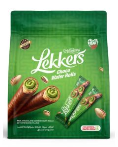 MELLSBURRY Lekkers Choco Wafer Rolls with Pistachio Filling, Milk Chocolate Coated Cigar Rolls, Premium Pistachio Chocolate Snack, 200g