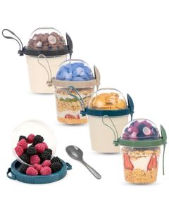 EYNEL On The Go Cereal Yogurt Cups with Lids and Spoon Reusable Parfait Plastic Milk Breakfast Crunch Granola Oatmeal Smoothie Snack Prep Bowl 4 Colors Set With Handle 17 oz