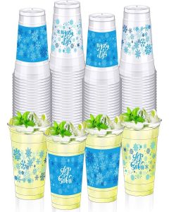 Jingmore 100 Pcs Winter Snowflake Disposable Cups Bulk 12 oz Clear Blue Snowflake Plastic Cups Christmas Cold Beverage Drinking Container Bulk for Wonderland Party Wedding Xmas Holiday Party