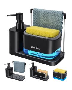 Hand and Dish Soap Dispenser Set with Tray, Dual Soap Dispenser with Sponge Holder and Dishcloth Holder 5-in-1 Organizer for Kitchen Sink Countertop Storage Organizer - Useful Kitchen Gadgets (Black)