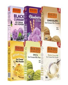 BAKERS 6 Flavors Ice Cream Powder Combo (100g Each) - Kesar Pista, Pista, Chocolate, Butterscotch, Blueberry & Black Currant / Ready in 10 Mins / No Preservatives / Homemade Ice Cream Mix