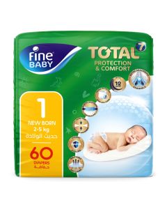 Fine Baby Total 7 Diapers, Size 1 Newborn (2-5 kg), 60 Count – Soft, Absorbent & Leak Proof Baby Diapers