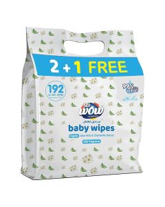 WOW Baby Wipes - Mild Fragrance 99% Water Wipes / Extra Thick Long Wipes with Organic Aloe Vera, Chamomile Extract and Vitamin E, Gentle on sensitive skin/64's (2 + 1) value pack, 192 Wipes